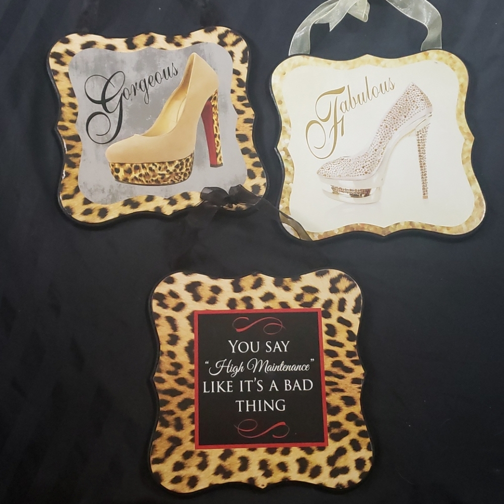 Wooden hanging wall decor. Stilettos and leopard